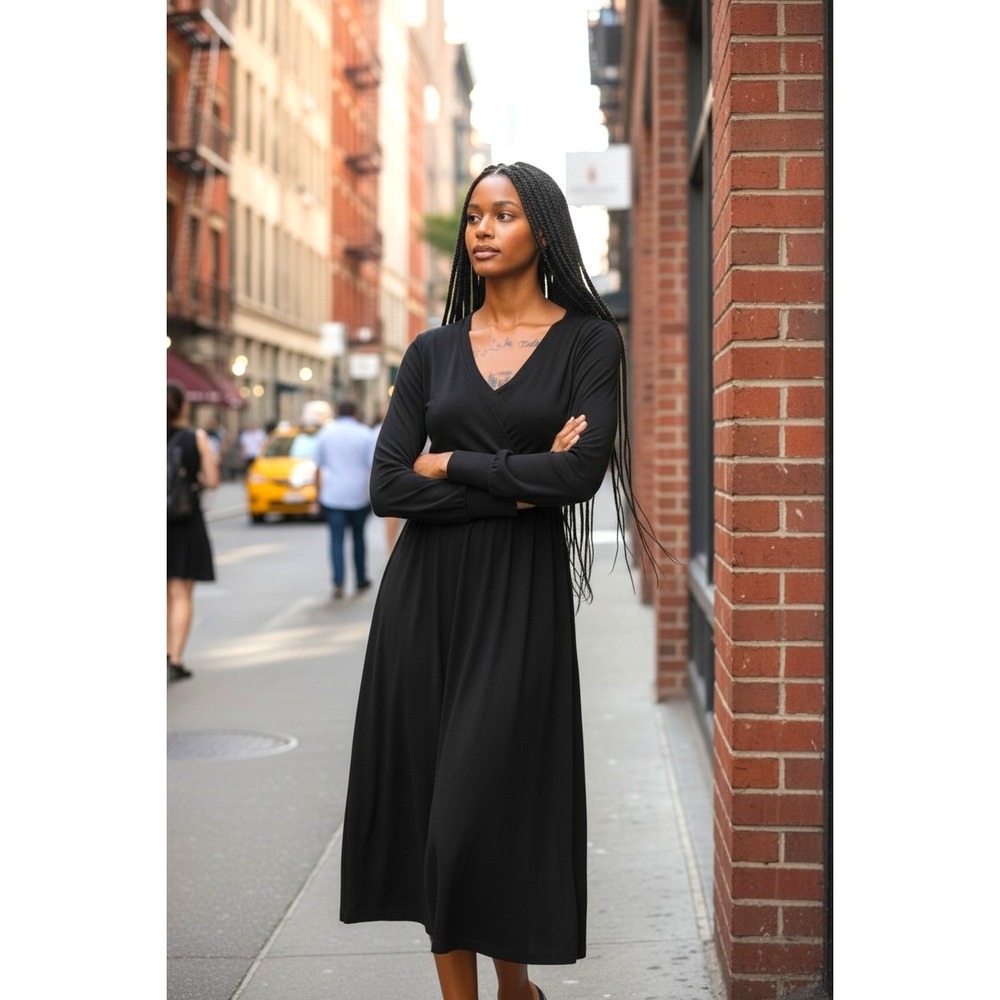 (J-270)Cuddl Duds Wrap Maxi Dress XS Black Long Sleeve Soft Stretch NWT QVC